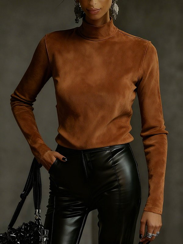 Long Sleeves Solid Color Split-Joint Mock Neck T-Shirts Tops