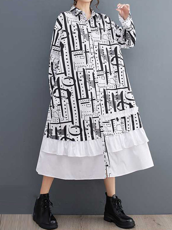 A-Line Long Sleeves Asymmetric Buttoned Printed Split-Joint Lapel Midi Dresses