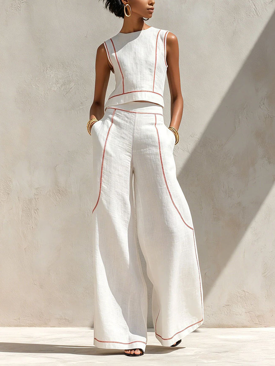 Plus Size Contrast Color Line Round-neck Tank Top + High Waisted Pockets Pants Trousers Two Pieces Set