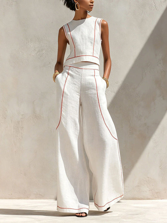 Plus Size Contrast Color Line Round-neck Tank Top + High Waisted Pockets Pants Trousers Two Pieces Set