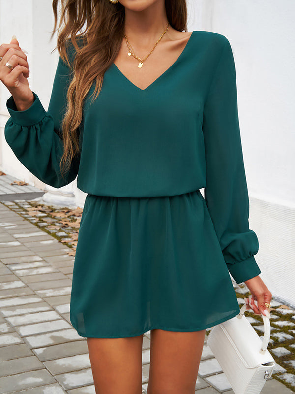 A-Line High Waisted Elasticity Pleated Solid Color V-Neck Mini Dresses
