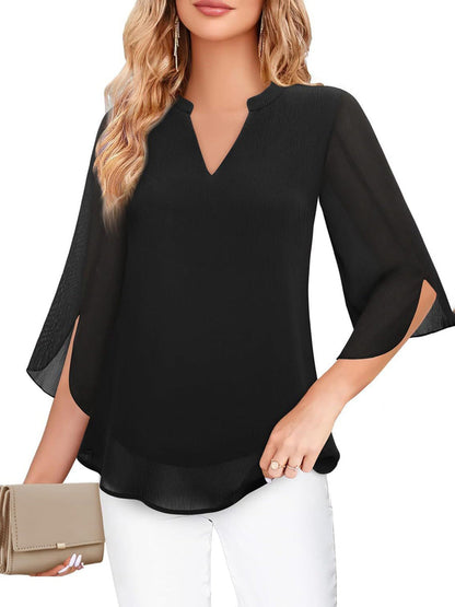 Half Sleeves Loose Solid Color V-Neck Blouses&Shirts Tops