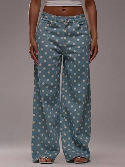 High Waisted Wide Leg Buttoned Contrast Color No Belt Polka Dot Zipper Pants Trousers