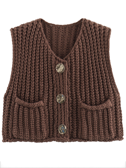 Sleeveless Buttoned Pockets Solid Color Cardigan Tops Knit Top