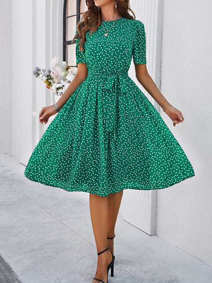 A-Line Elasticated Waist Contrast Color Polka Dot Split-Joint Tied Waist Round-Neck Midi Dresses