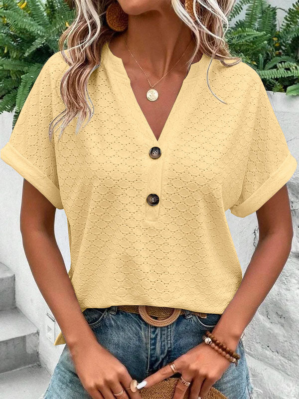 Loose Plus Size Buttoned Jacquard Split-Joint V-Neck T-Shirts Tops