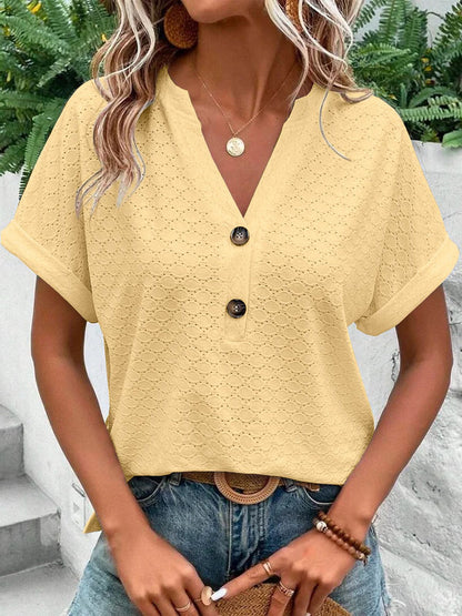 Loose Plus Size Buttoned Jacquard Split-Joint V-Neck T-Shirts Tops