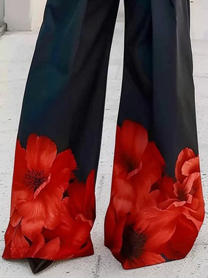 High Waisted Loose Floral Printed Pleated Split-Joint Pants Trousers