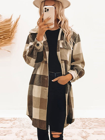 Long Sleeves Loose Buttoned Plaid Lapel Outerwear