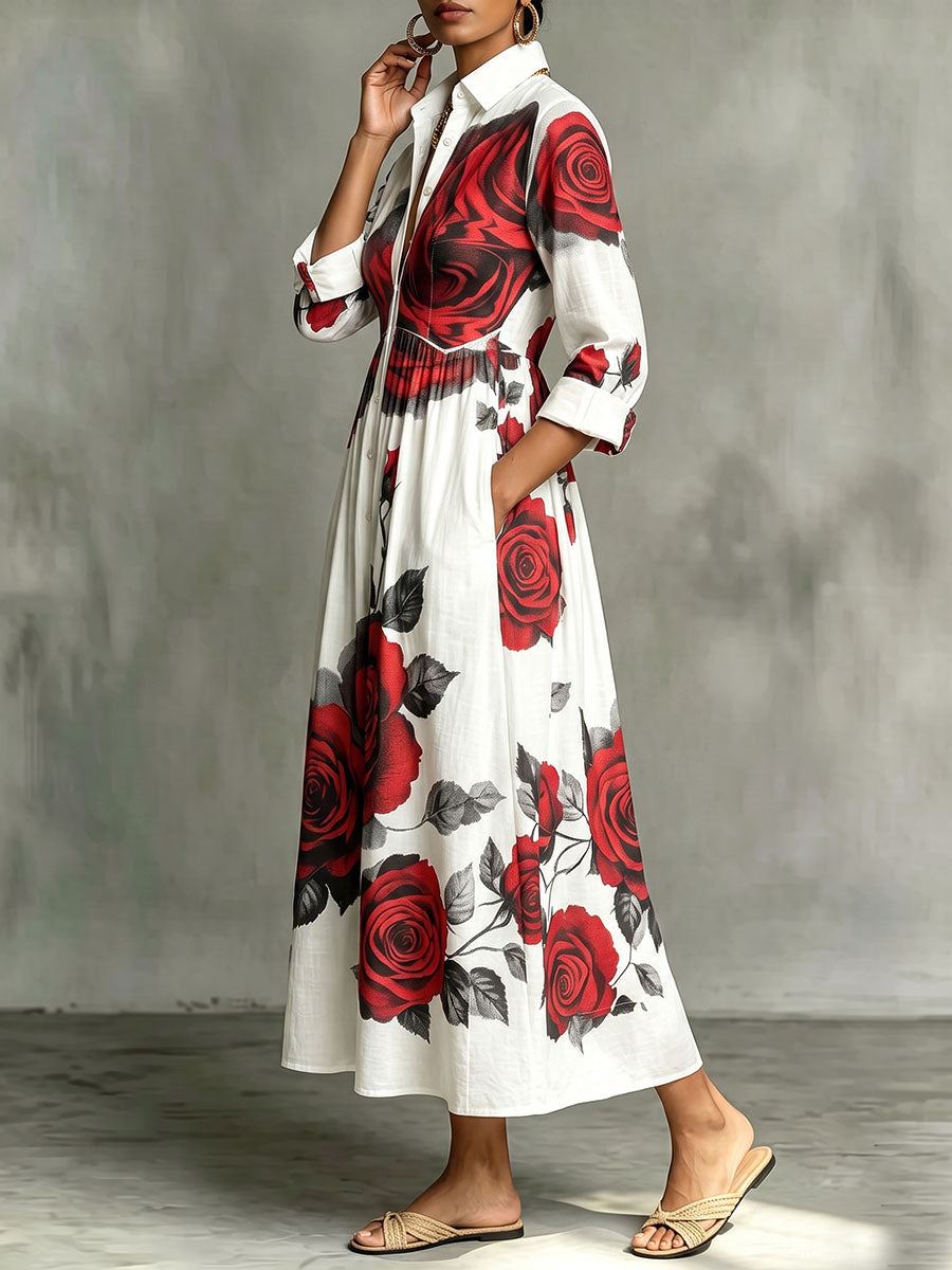 Split-Joint Pockets Pleated Flower Print Contrast Color Buttoned Three-quarter Sleeves Loose Lapel Shirt Dress Maxi Dresses