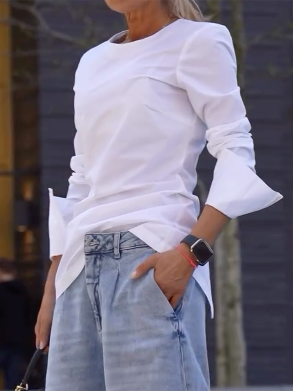 Long Sleeves Loose Solid Color Round-Neck T-Shirts Tops