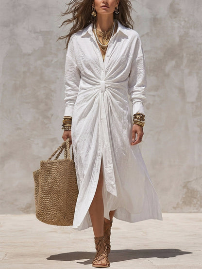 Solid Color Pockets Knot Long Sleeves Lapel Midi Dresses