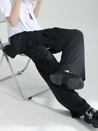 False Two High Waisted Asymmetric Pleated Solid Color Suit Pants