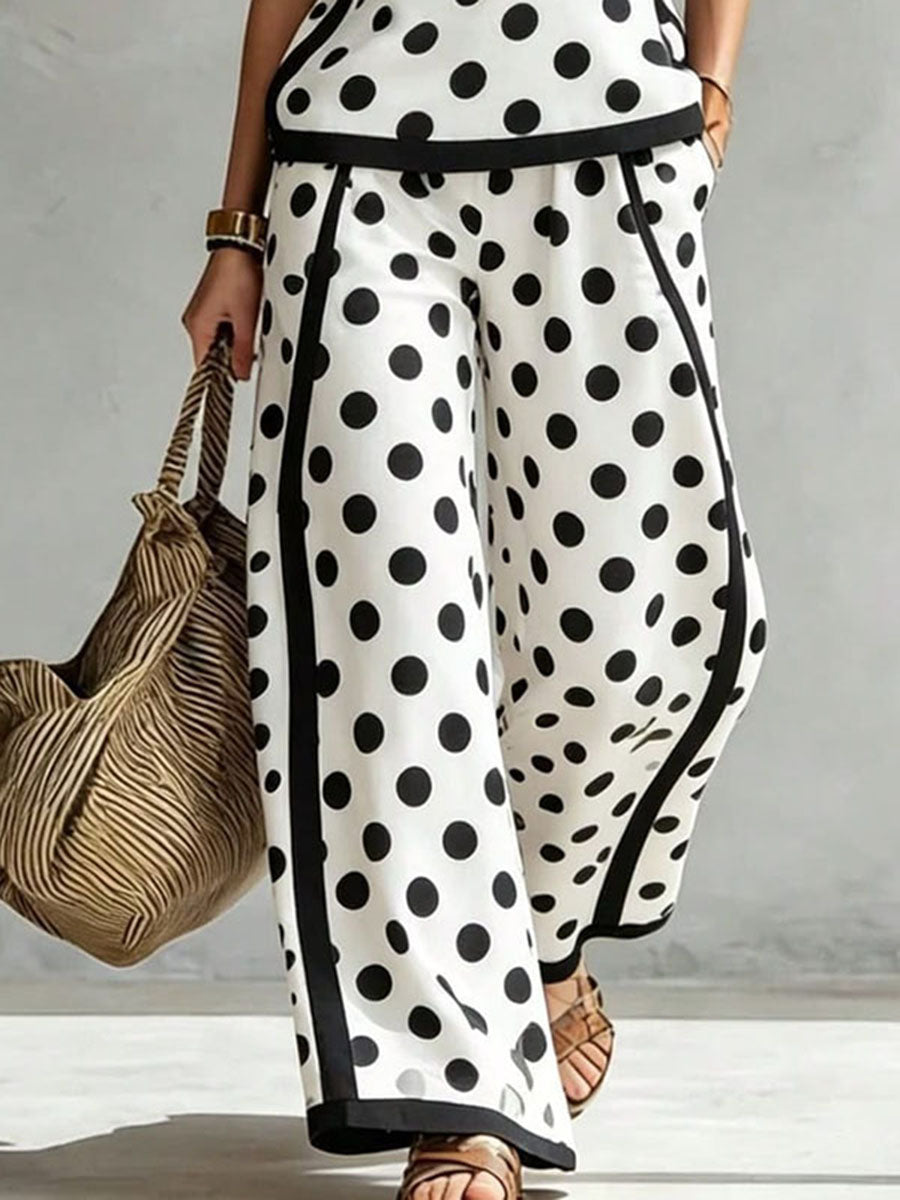 Loose Wide Leg Contrast Color Pockets Polka Dot Striped Pants Trousers