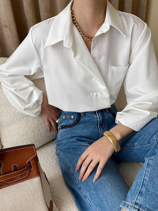 Bishop Sleeve Long Sleeves Buttoned Pockets Solid Color Split-Joint Polo Blouses&Shirts Tops