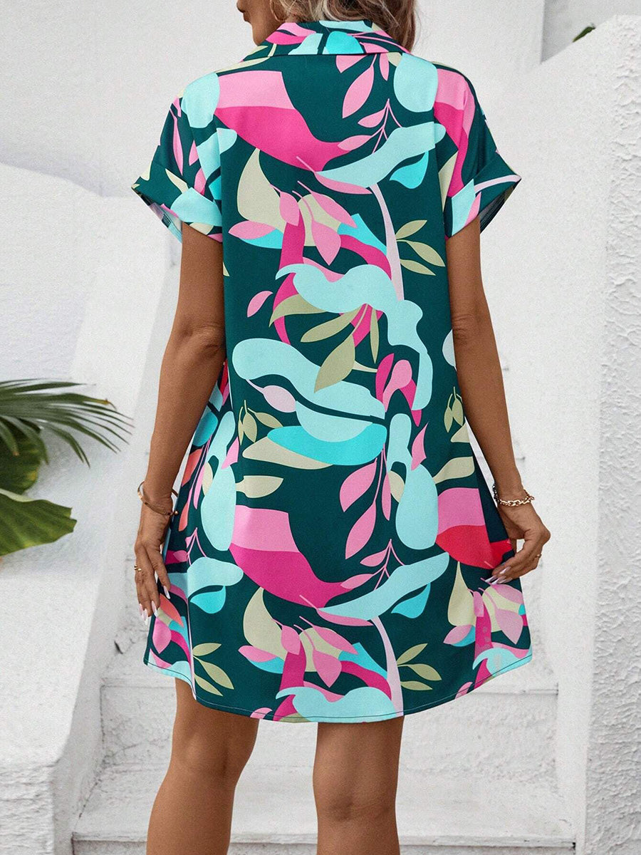 Short Sleeves Buttoned Contrast Color Printed Lapel Mini Dresses Shirt Dress