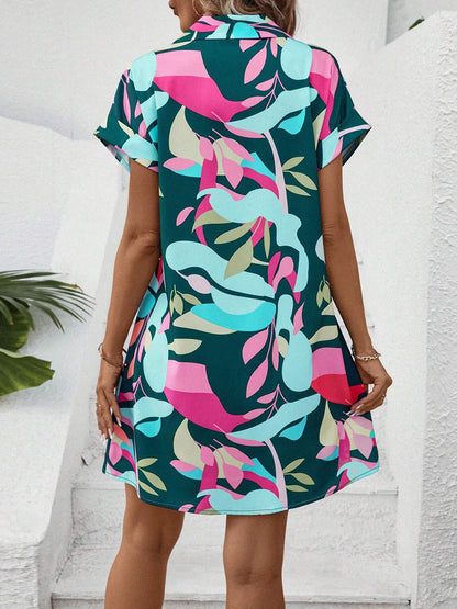Short Sleeves Buttoned Contrast Color Printed Lapel Mini Dresses Shirt Dress