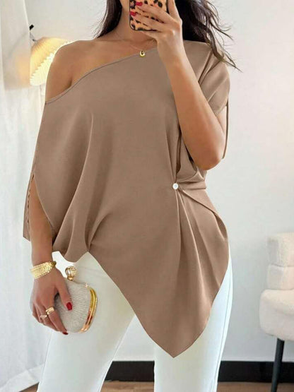 Batwing Sleeves Loose Asymmetric Pleated Solid Color One-Shoulder T-Shirts Tops