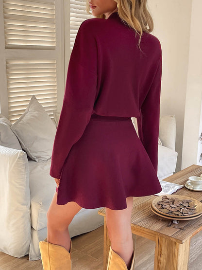 A-line High Waisted Elasticity Solid Color Round-neck Mini Dresses Sweater Dresses
