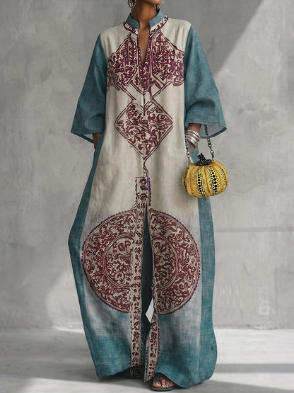 Loose Three-Quarter Sleeves Contrast Color Ethnic Printed Pockets V-Neck Jumpsuits