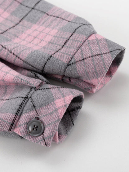 Long Sleeves Loose Plaid Pockets Lapel Woolen Coat