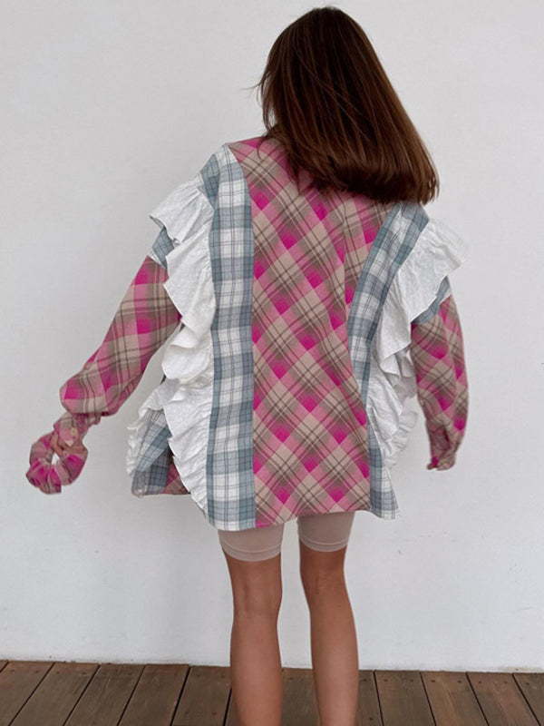 Long Sleeves Loose Buttoned Contrast Color Plaid Ruffle Trim Split-Joint Lapel Blouses&Shirts Tops