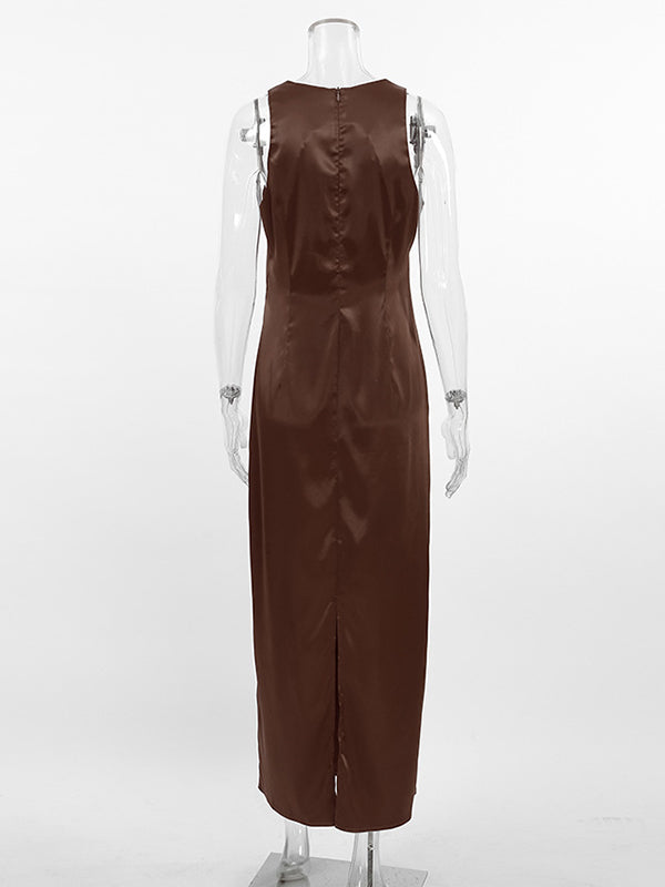 Loose Sleeveless Solid Color Split-Back Split-Joint Round-Neck Maxi Dresses