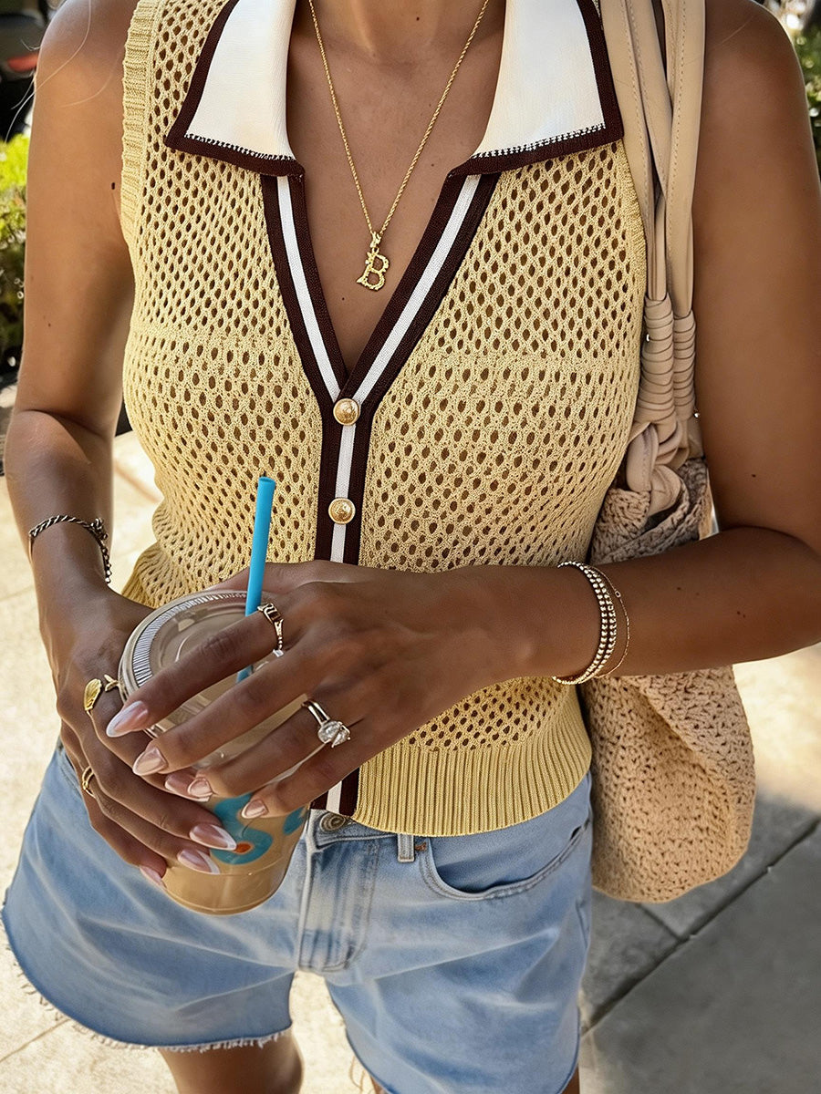 Loose Sleeveless Buttoned Contrast Color Lapel Vest Top