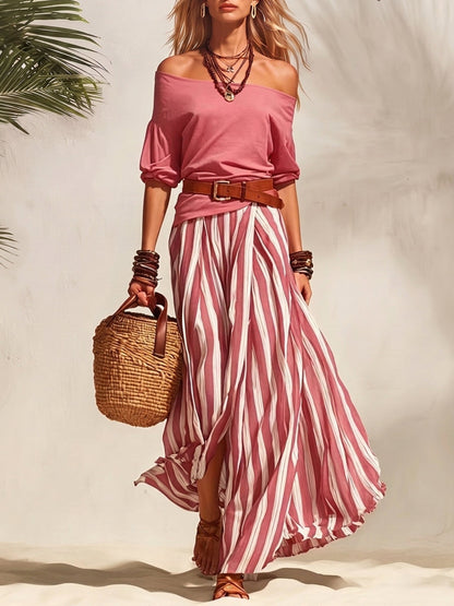 Half Sleeves Solid Color Off-The-Shoulder T-Shirts Tops + Belted Contrast Color A-Line Striped Skirts Bottoms Two Pieces Set