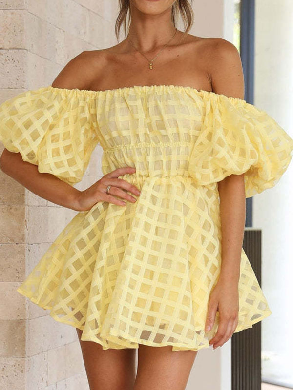 High Waisted Loose Elasticity Solid Color Split-Joint Off-The-Shoulder Mini Dresses