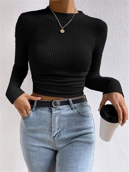 Long Sleeves Skinny Pleated Solid Color Split-Joint Textured Waffle Check Round-Neck T-Shirts Tops