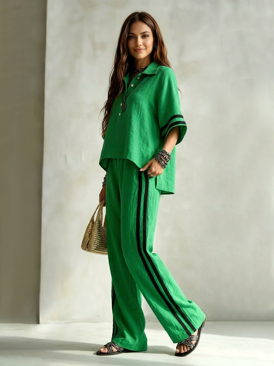 Striped Split-side Contrast Color Buttoned Loose High-low Lapel Blouses&shirts Tops