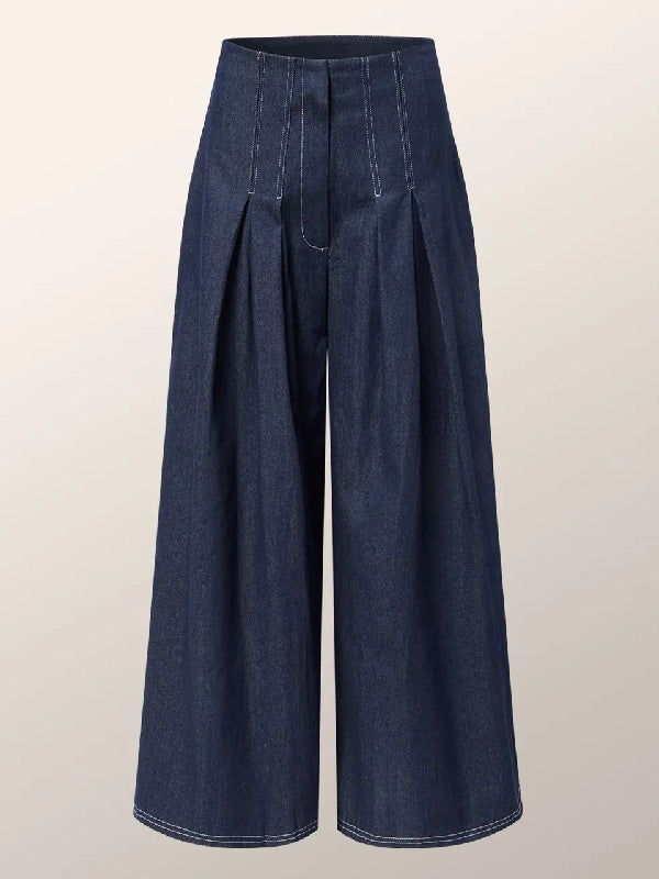 High Waisted Pleated Split-Joint Wide Leg Jean Pants