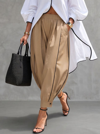 Solid Color Pockets Elasticity Buttoned Wide Leg Cropped Trousers Pants