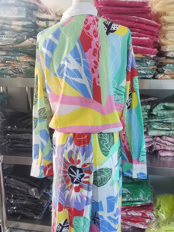 Contrast Color Printed Long Sleeves Buttoned Lapel Blouses Top+ High Waisted Pants Bottom Two Pieces Set