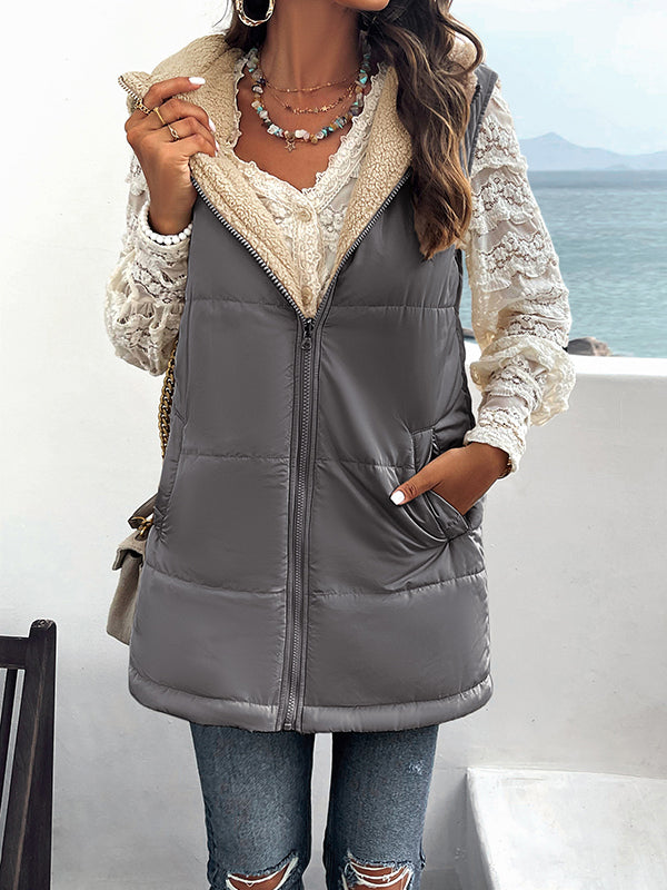 Loose Sleeveless Pockets Quilted Reversible Zipper Hooded Padded Vest Vest Outerwear