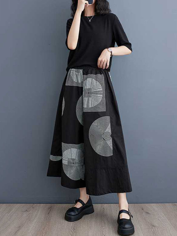 High Waisted Loose Elasticity Printed Cropped Trousers Pants