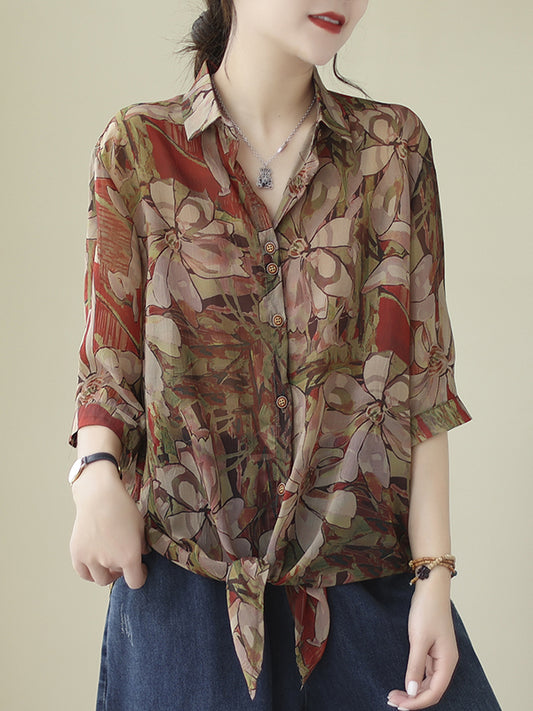 Long Sleeves Loose Buttoned Flower Print Tied Lapel Blouses&Shirts Tops