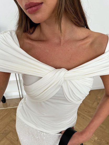 Short Sleeves Skinny Knot Pleated Solid Color Boat Neck T-Shirts Tops