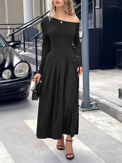 High Waisted Long Sleeves Pleated Solid Color Split-Front One-Shoulder Maxi Dresses