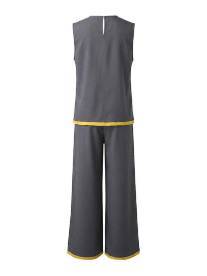 Contrast Color High Waisted Pants + Round-Neck Sleeveless Top Two Pieces Set