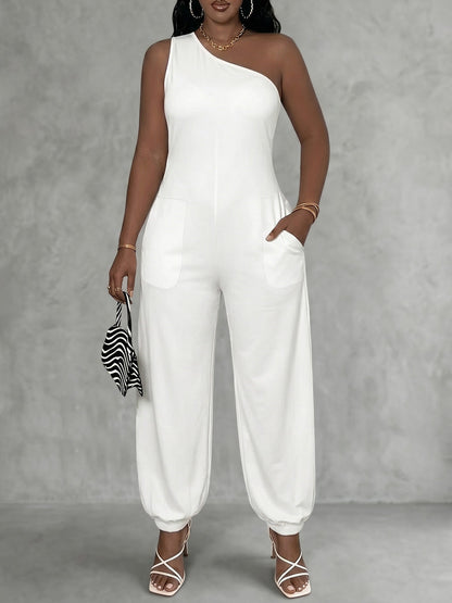 Sleeveless Pockets Solid Color One-Shoulder Jumpsuits