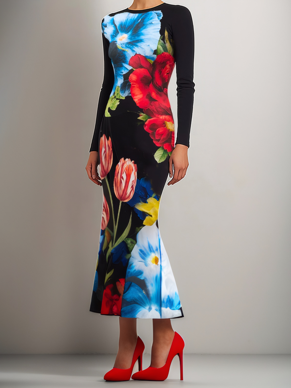 Bodycon Long Sleeves Flower Print Round-neck Maxi Dresses