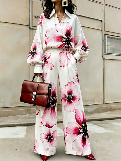 Pockets Flower Print Elasticity Wide Leg High Waisted Trousers Pants