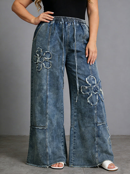 High Waisted Loose Drawstring Elasticity Flower Shape Fringed Solid Color Jean Pants Bottoms