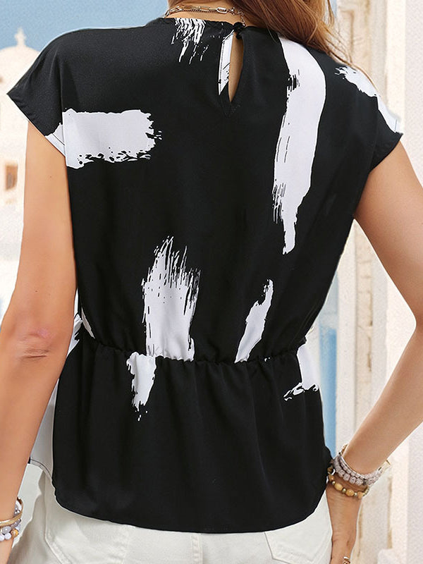 Loose Short Sleeves Contrast Color Printed Split-Joint Round-neck T-Shirts Tops