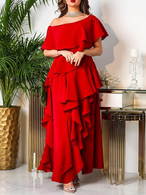 Layered Ruffled Solid Color Split-front One-shoulder Maxi Dresses