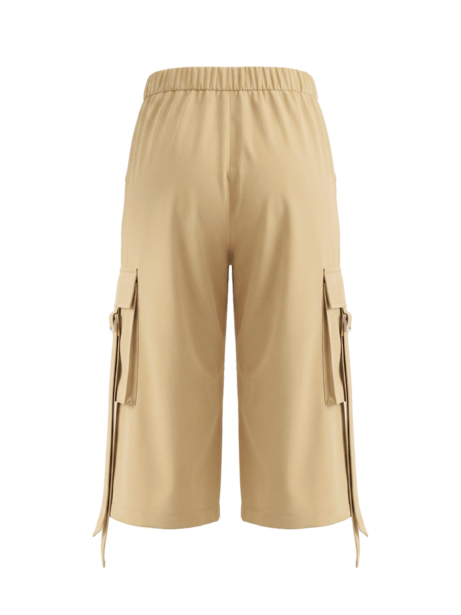 High Waisted Wide Leg Pleated Pockets Solid Color Split-Joint Streamer Cropped Trousers