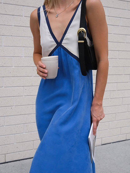 Loose Sleeveless Contrast Color Split-Joint Deep V-Neck Maxi Dresses