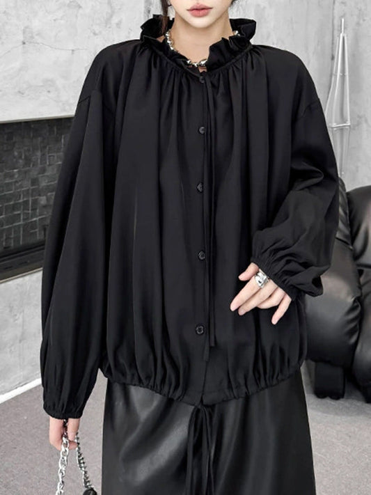 Long Sleeves Loose Drawstring Pleated Pullover Design Solid Color Lace Collar Blouses&Shirts Tops